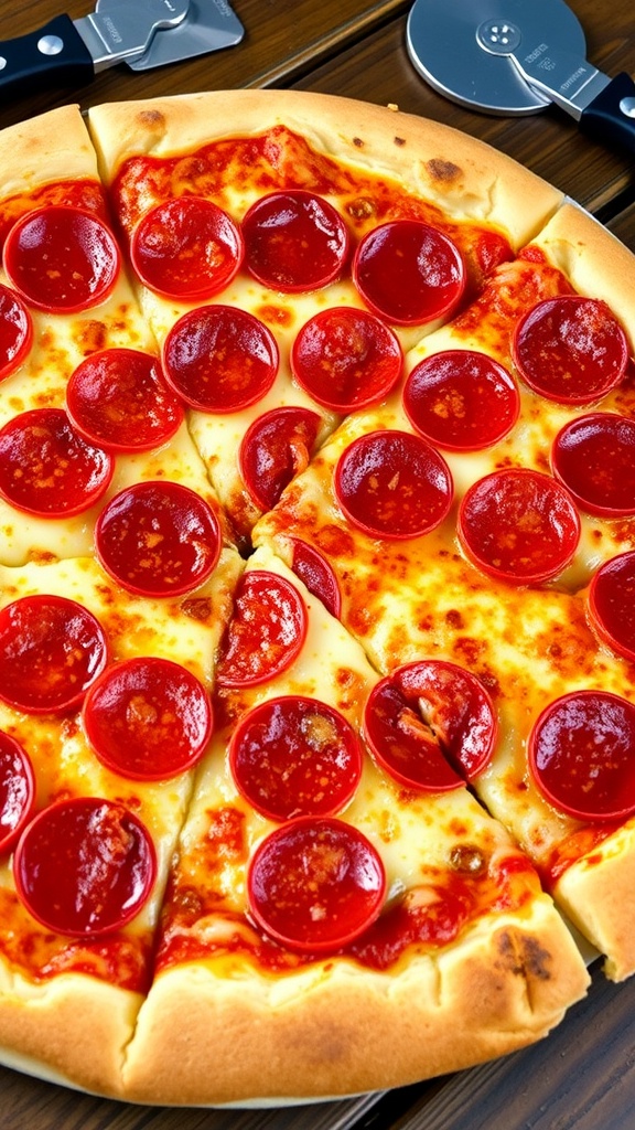 Extra-Cheesy Stuffed Crust Pizza Recipe Extra-cheesy stuffed crust pizza with pepperoni and melted mozzarella, presented on a wooden table.